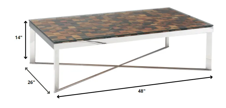 14' Mosaic Wood Steel and Glass Coffee Table By Homeroots