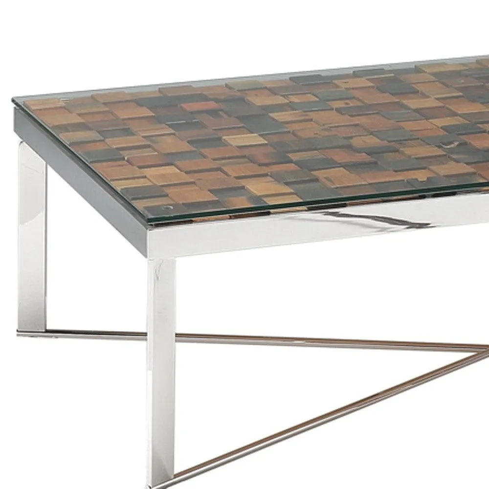 14' Mosaic Wood Steel and Glass Coffee Table By Homeroots