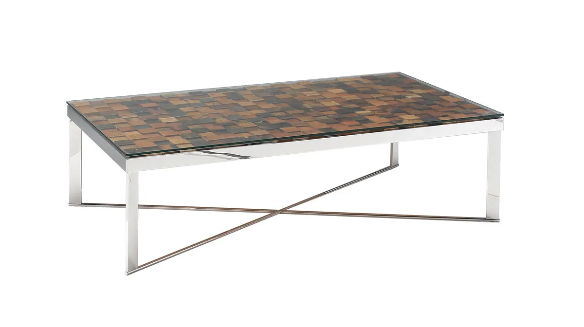 14' Mosaic Wood Steel and Glass Coffee Table By Homeroots