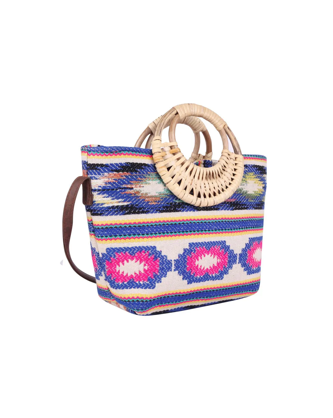 Blue& Pink Sling Bag With Wicker Handle And Pu Strap