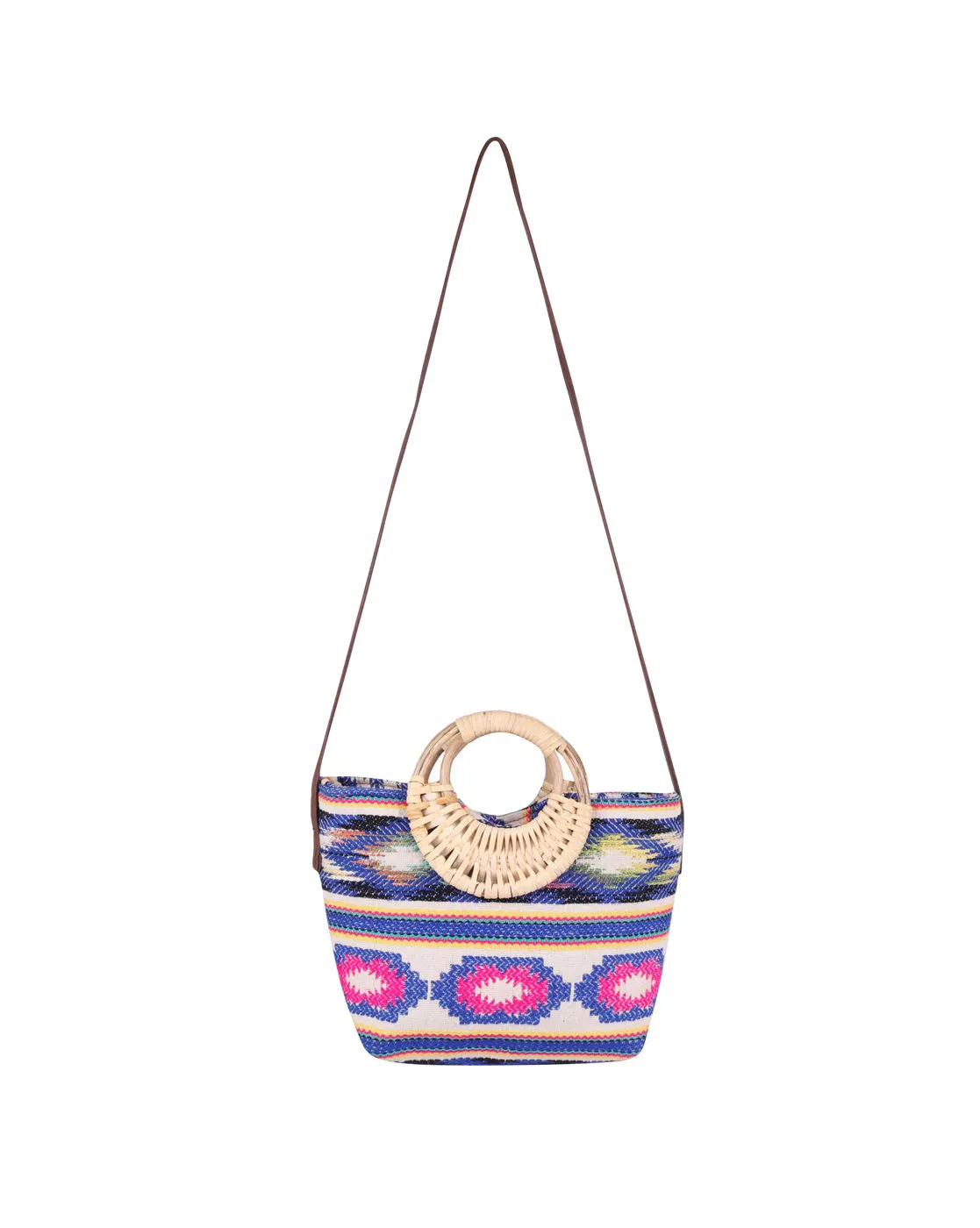 Blue& Pink Sling Bag With Wicker Handle And Pu Strap