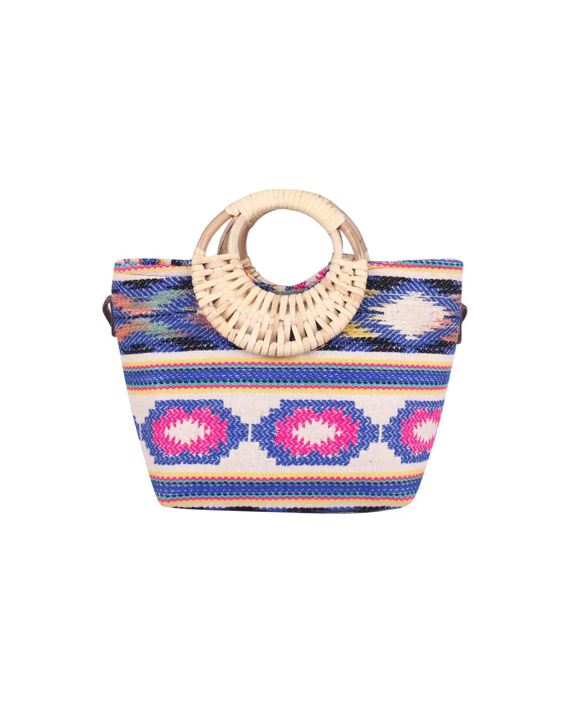 Blue& Pink Sling Bag With Wicker Handle And Pu Strap