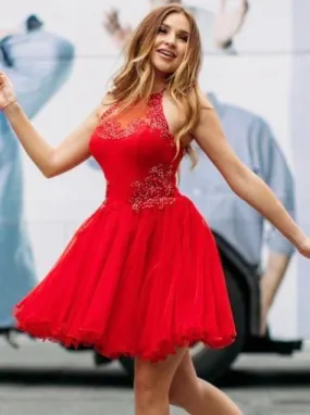 Bright Red Halter Tulle Cheap Short Homecoming Dresses Online, CM625