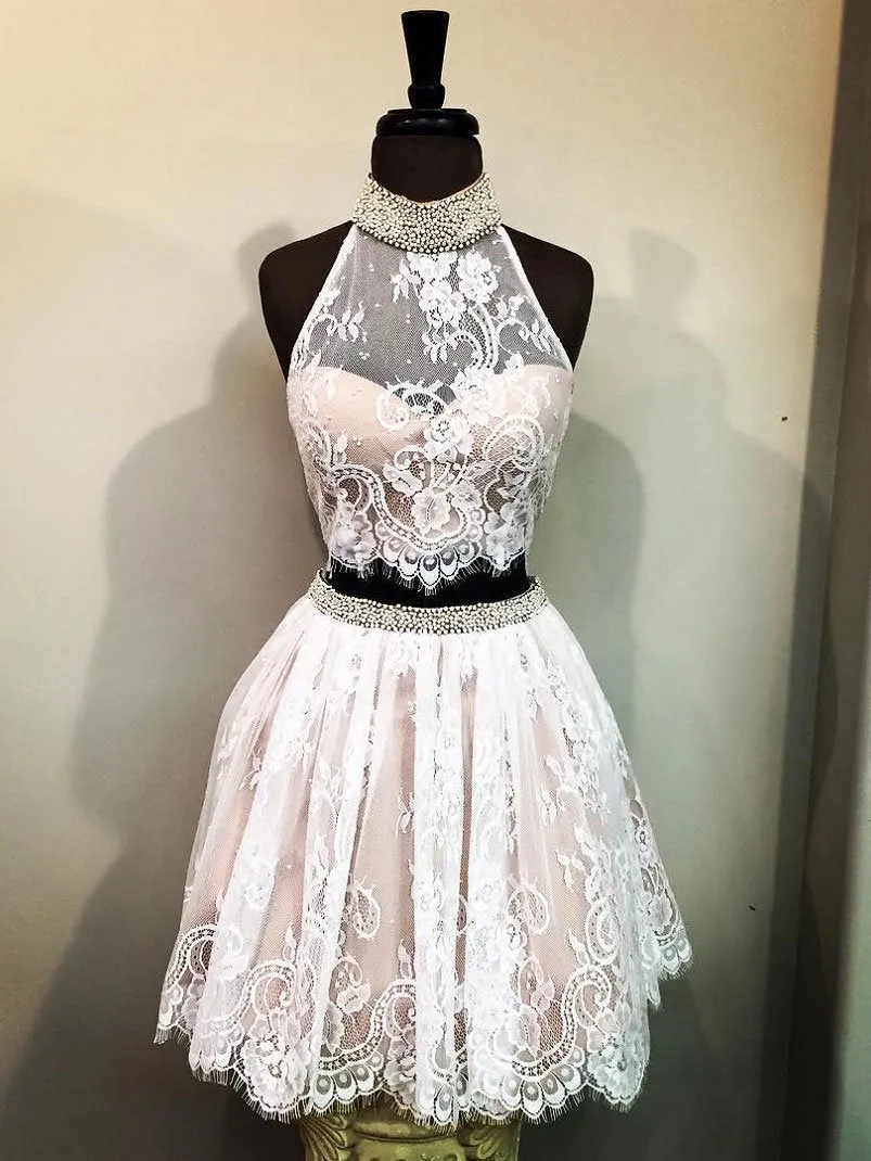 Cheap Halter Two Piece Cute Lace Homecoming Dresses 2018, BDY0170