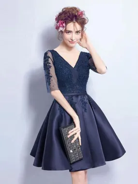 Cheap Short Cute Long Sleeve Lace Navy Homecoming Dresses 2018, BDY0185