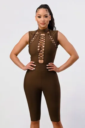 Cross My Heart Bandage Romper - Brown