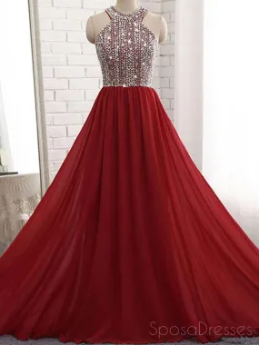 Dark Red Halter Chiffon Beaded A line Long Custom Evening Prom Dresses, 17416