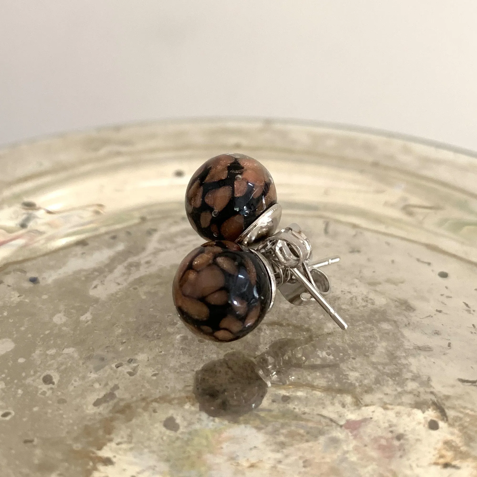 Earrings with black pastel aventurine Murano glass sphere studs on 24ct gold plated or steel posts