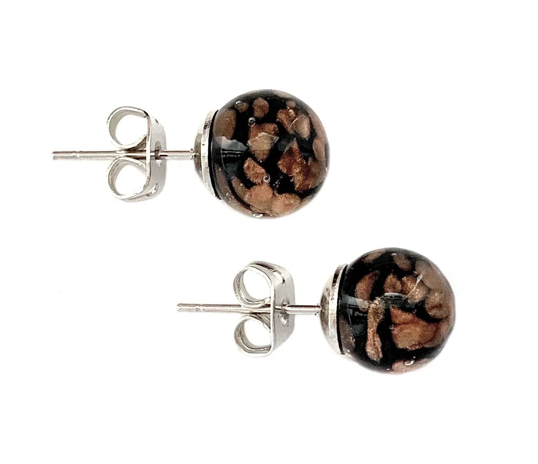 Earrings with black pastel aventurine Murano glass sphere studs on 24ct gold plated or steel posts