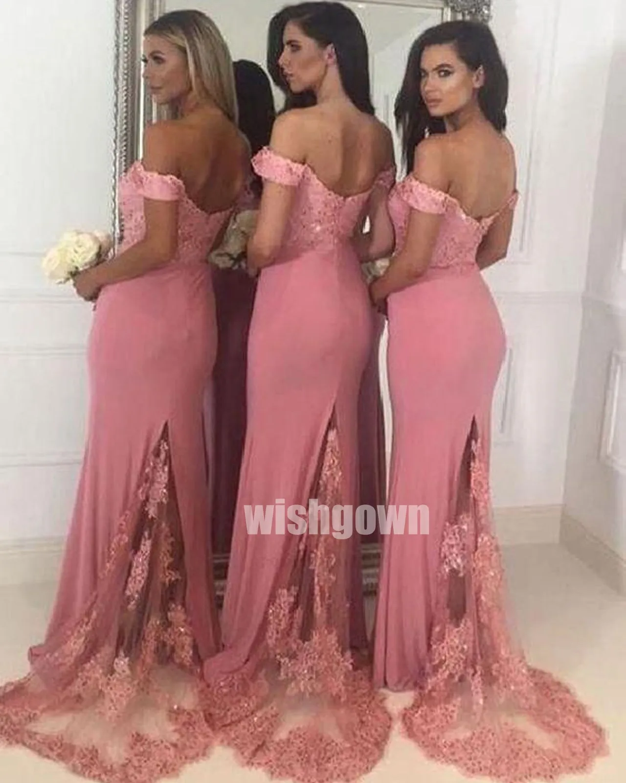 Elegant Rose Off-the-shoulder Mermaid Long Bridesmaid Dresses, YPS145