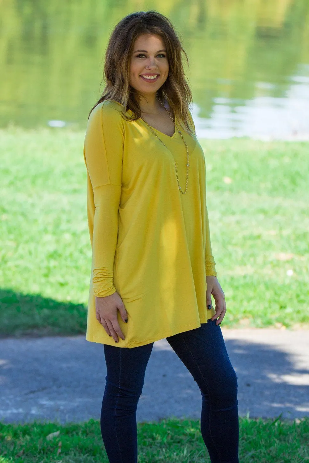 Long Sleeve V-Neck Piko Tunic - Mustard