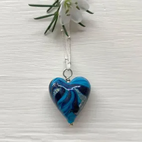 Necklace with byzantine blue Murano glass medium heart pendant on silver satellite chain