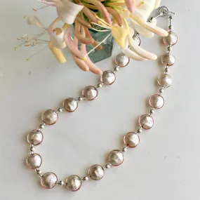 Necklace with champagne (peach, pink) Murano glass small lentil beads on silver