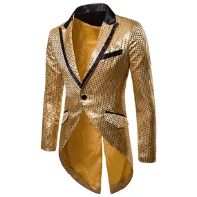 PARKLEES Men's Fashion Shiny Gold Sequin Glitter Fancy Embellished Long Tuxedo Blazer Jacket