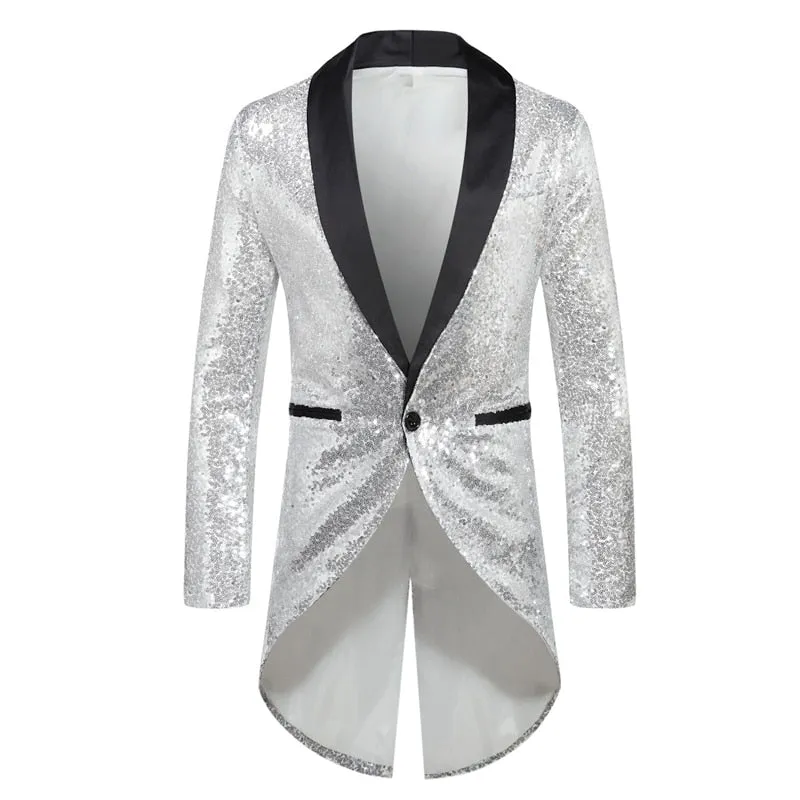 PARKLEES Men's Fashion Shiny Gold Sequin Glitter Fancy Embellished Long Tuxedo Blazer Jacket