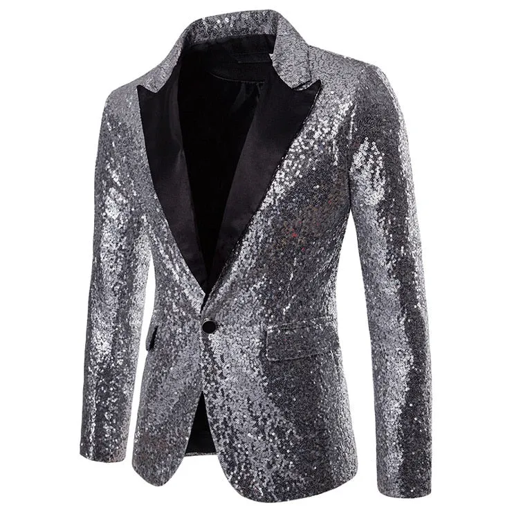 PARKLEES Men's Fashion Shiny Gold Sequin Glitter Fancy Embellished Long Tuxedo Blazer Jacket