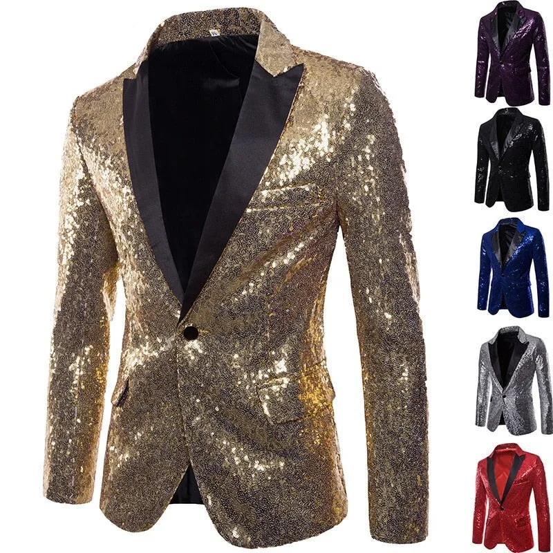 PARKLEES Men's Fashion Shiny Gold Sequin Glitter Fancy Embellished Long Tuxedo Blazer Jacket