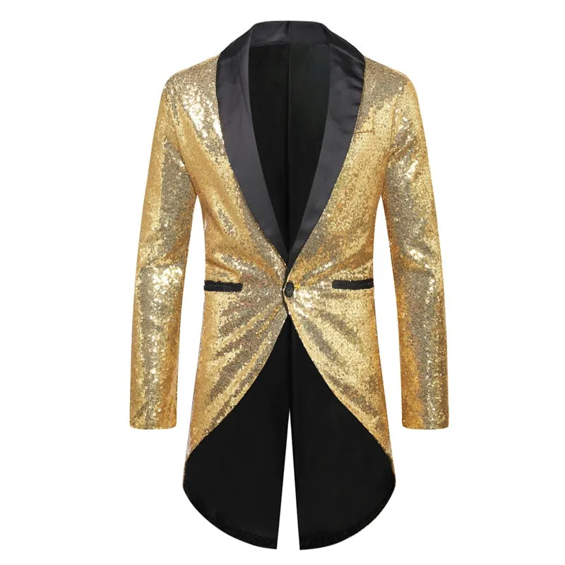 PARKLEES Men's Fashion Shiny Gold Sequin Glitter Fancy Embellished Long Tuxedo Blazer Jacket