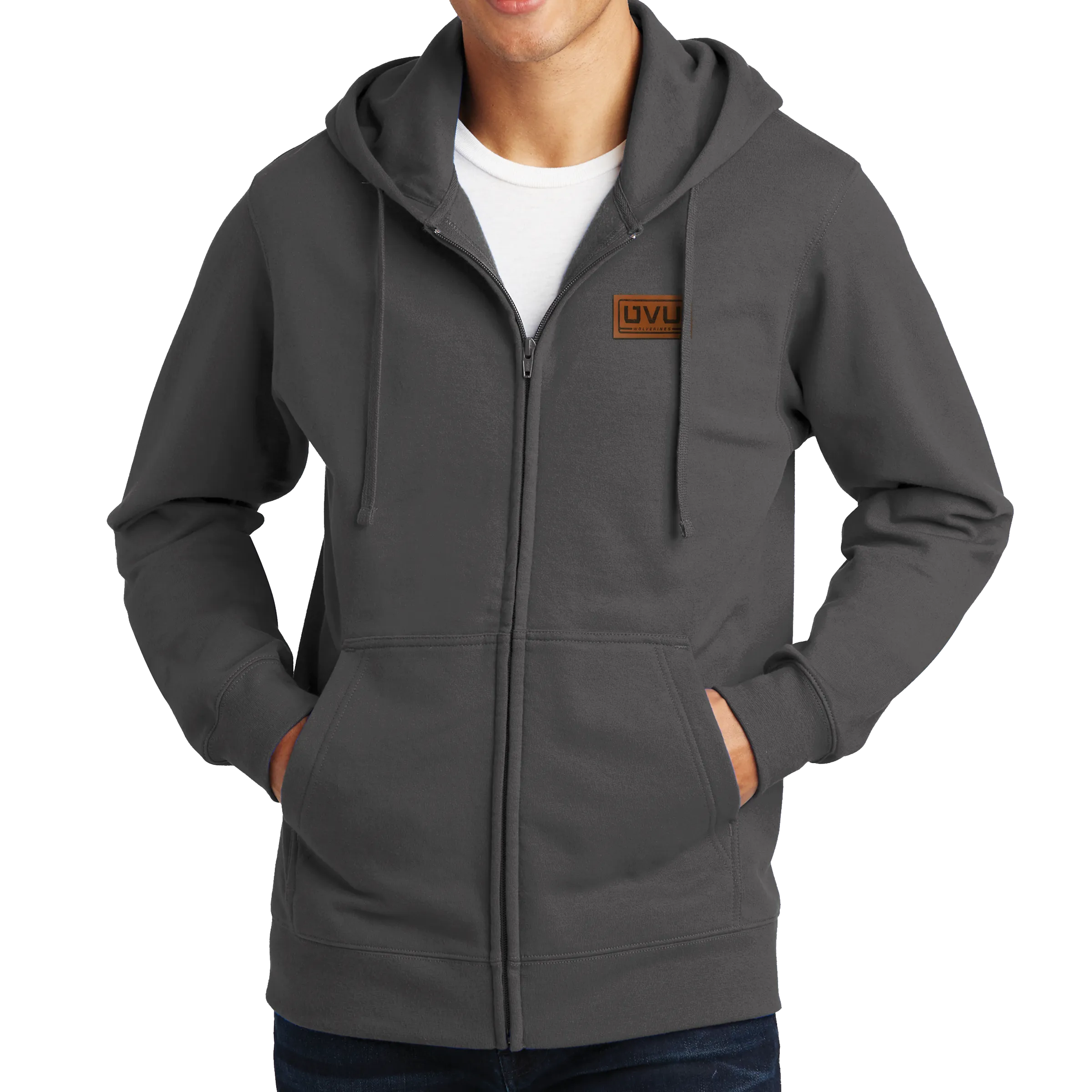 Port & Company Fan Favorite Fleece Full-Zip Hooded Sweatshirt- Pleather Mono Patch